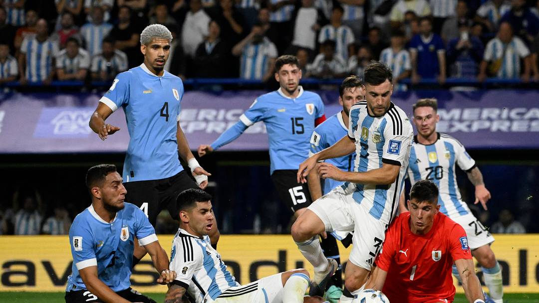 FBL-WC-2026-SAMERICA-QUALIFIERS-ARG-URU Tagliafico and Spurs defender Cristian Romero during a World Cup qualifier
